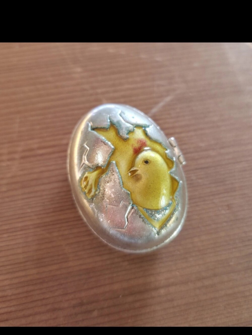 Antique Enamel Easter Chick Egg Trinket Box 1910 Hinged Metal Mini 2”
